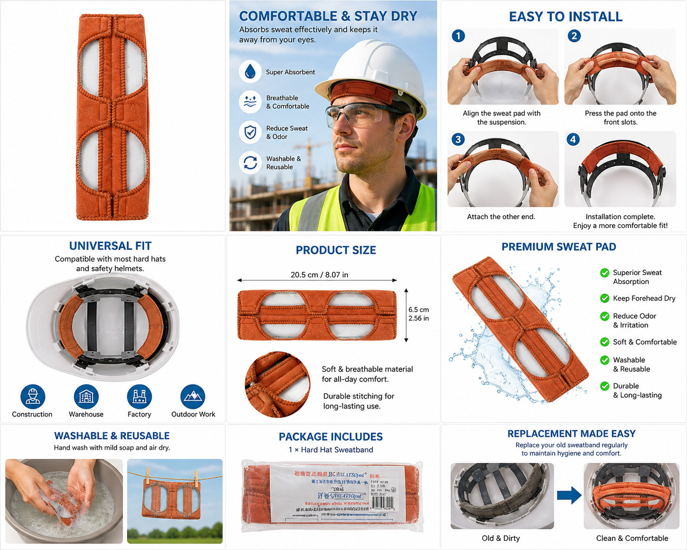Sweatband for Hard Hat–Elastic Cotton Comfort Pad for Helmet-SWEATSOpad Premium