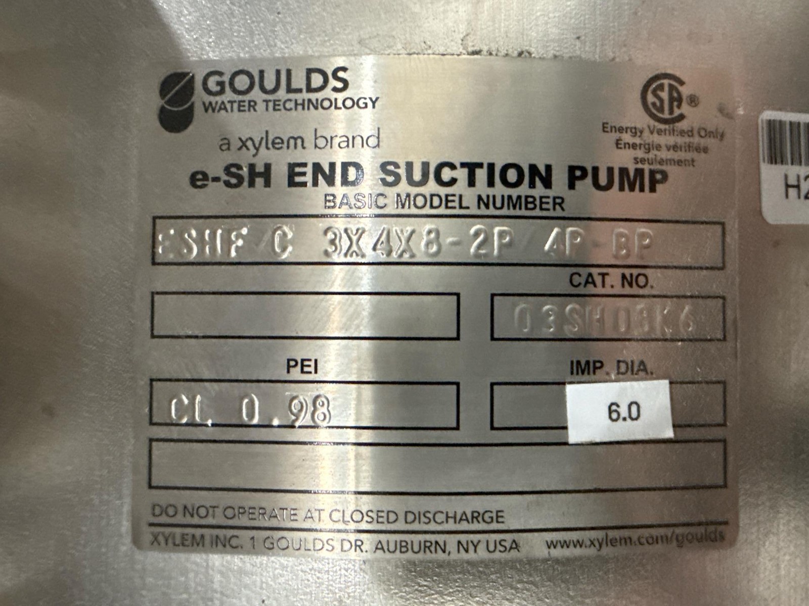 GOULDS 3-SH Stainless End Suction Pump, ESHF/C 3X4X8, 03SH08K6, 20HP, 6″ Imp.