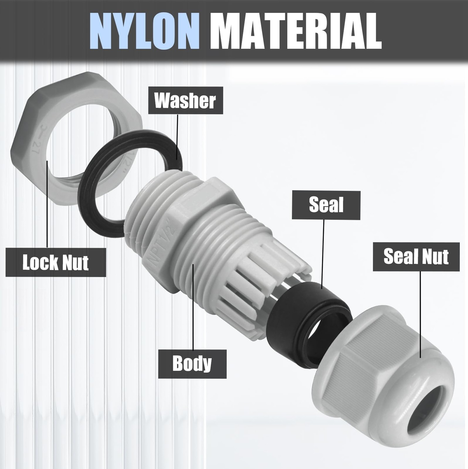 12 Pcs 1/2″ NPT Nylon Cable Glands, Grey Strain Relief Cable Cord Connector I