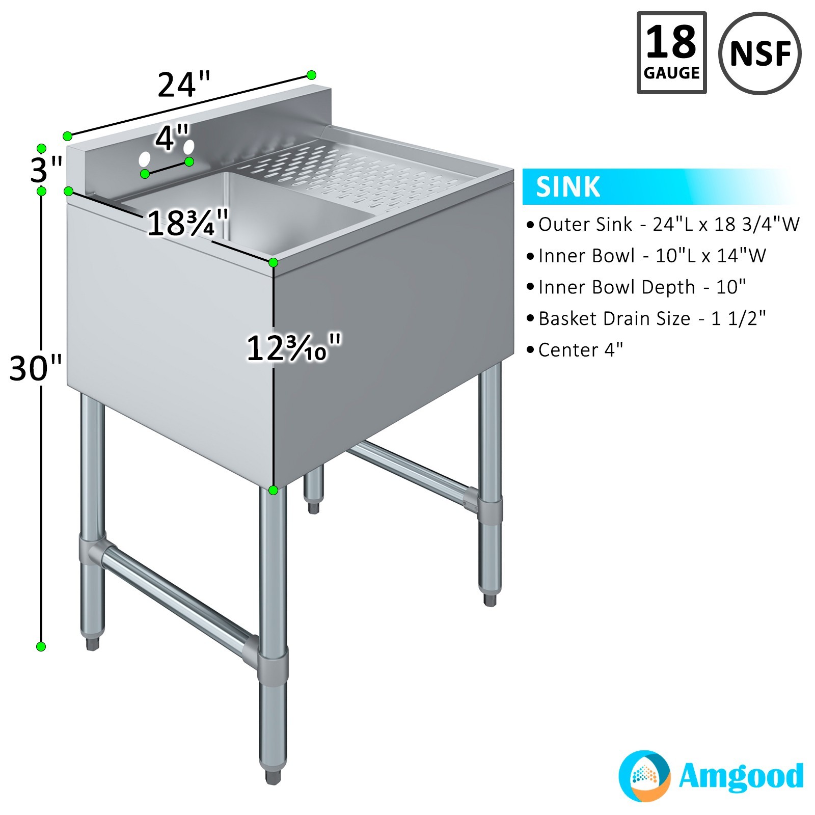 24 in. x 19 in. One Compartment Underbar Sink With Right Drainboard