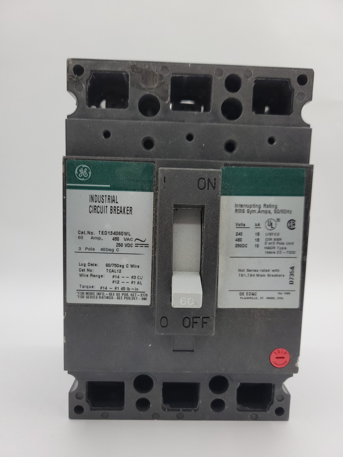 General Electric TED134060WL Bolt-On Circuit Breaker 60A 3P 480VAC 18KA TED