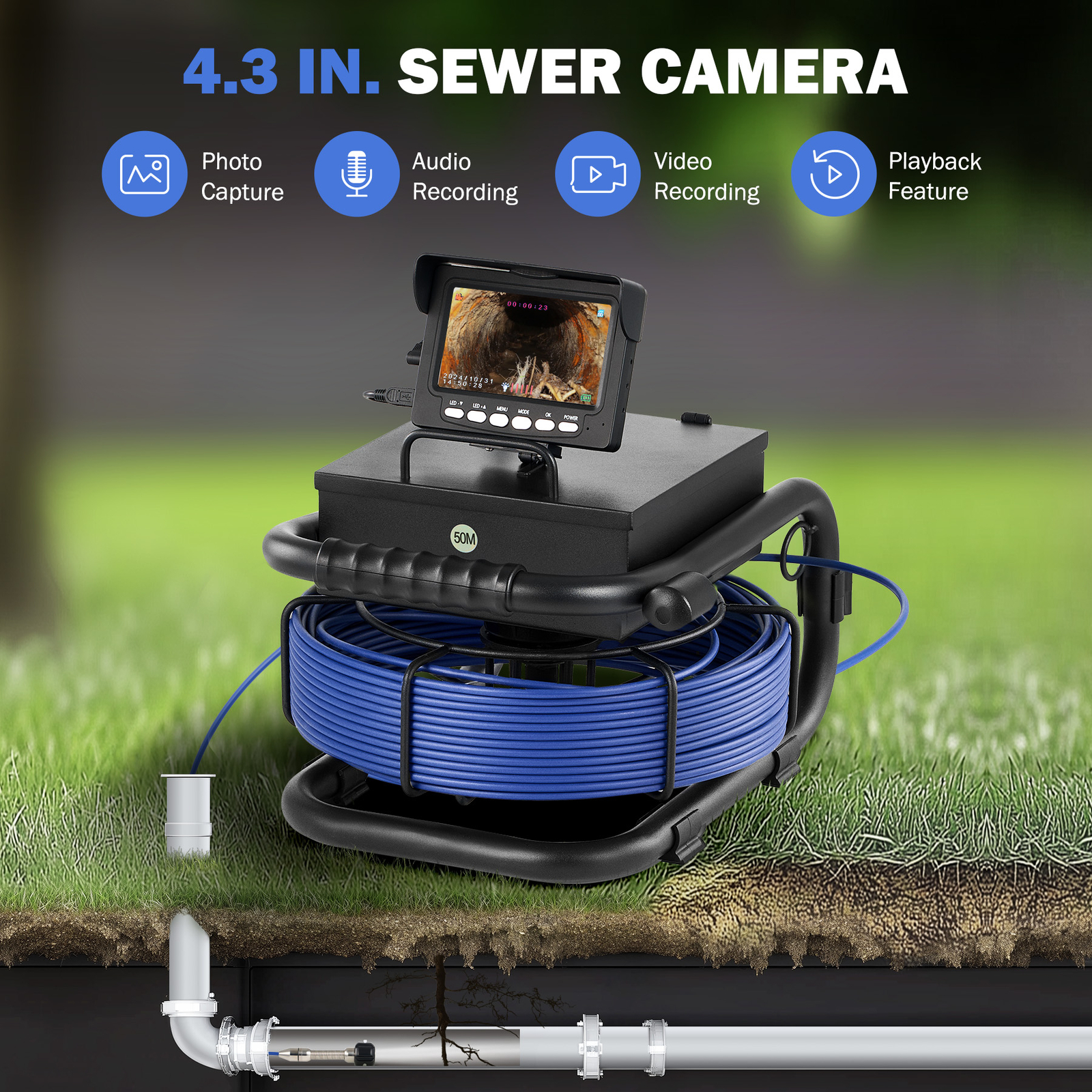 4.3 in. Sewer Camera w 50m/164ft Cable 12 LED Lights IP68 Camera for Plumbing