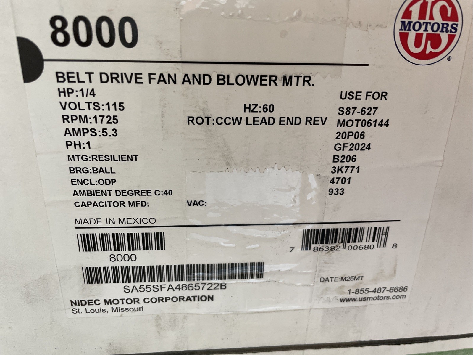 US MOTORS 8000 BELT DRIVEN FAN & BLOWER MOTOR 1/4 HP 115 V 5.3 AMPS New In Box