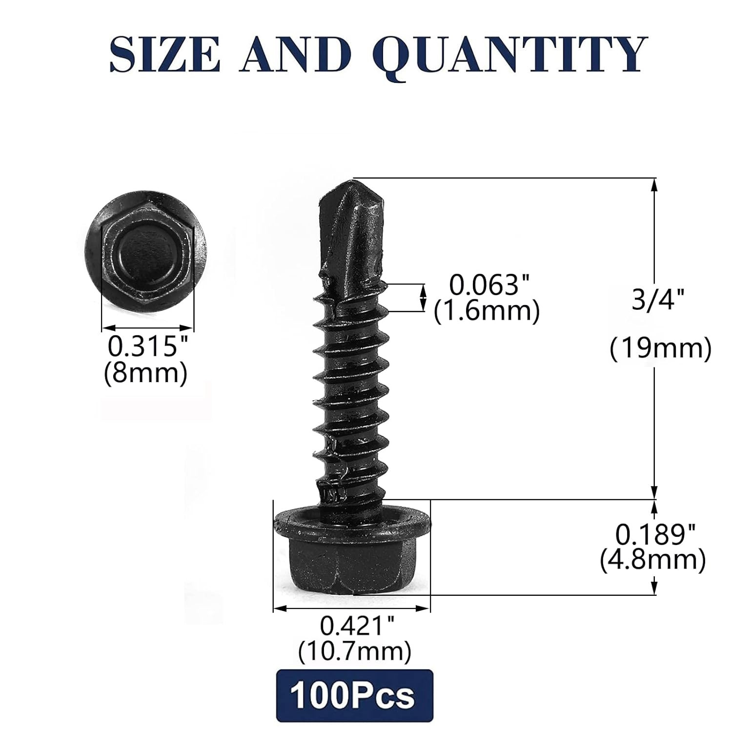 #10 X 3/4″ Sheet Metal Screws 100PCS 410 Stainless Steel Hex Washer Head Tek Scr
