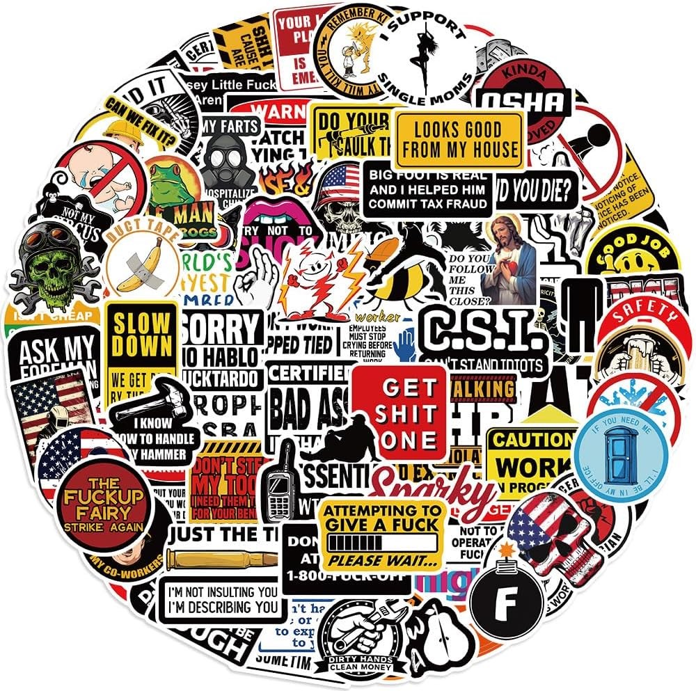 100pcs Funny Hard Hat Stickers (Dirty) for Adult Tool Box, Helmet, Black