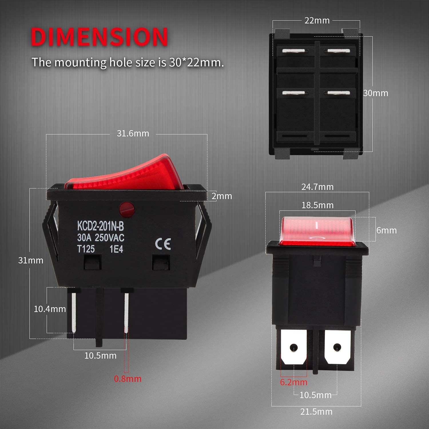 3 Pack On Off Red Light Rocker Switch 250V AC 30 AMP 125V 30A DPST 4 lug legs