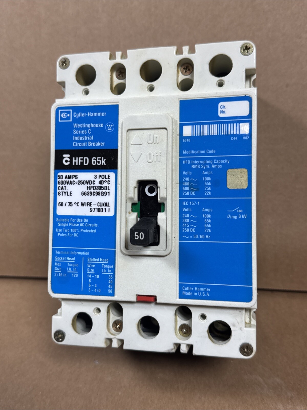 Cutler Hammer HFD3050L Circuit Breaker 50A 600V 3P 50 Amp WARRANTY FAST SHIPPING