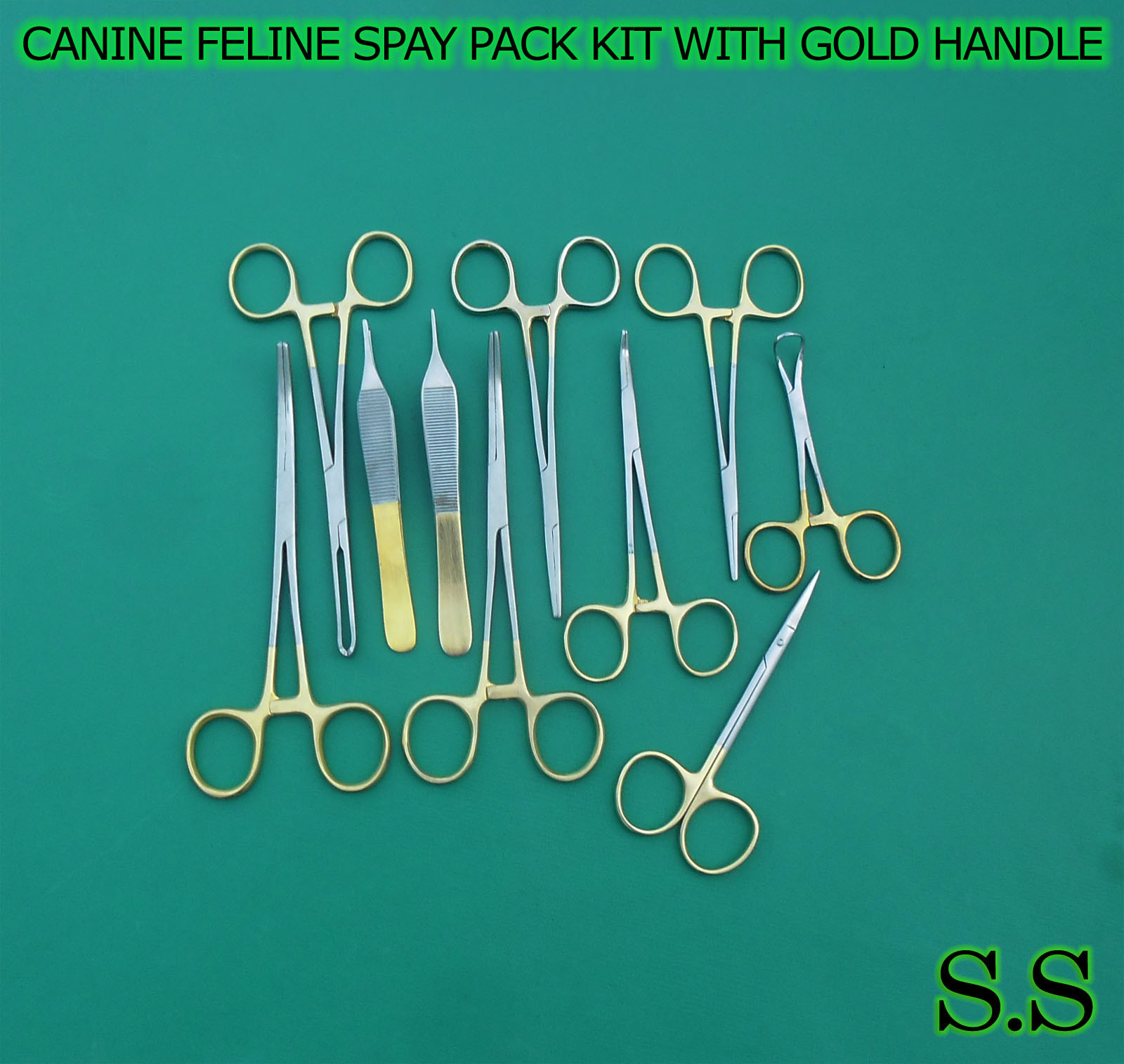 10 PCS CANINE FELINE SPAY PACK SURGICAL INSTRUMENTS KIT WITH GOLD HANDLE DS-1051