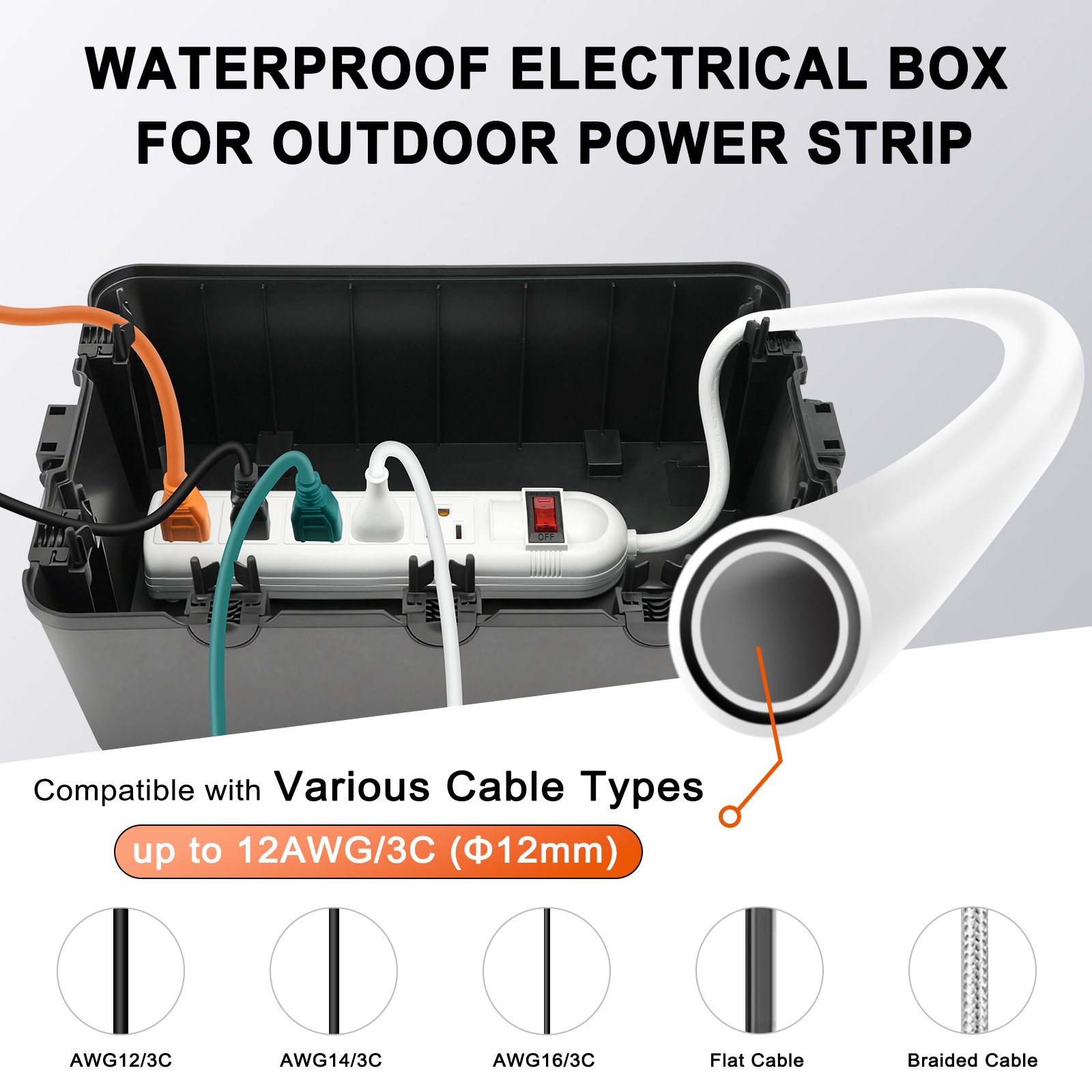 7-Cable Entry Outdoor Extension Cord Cover IP54 Waterproof Electrical Box 1PK