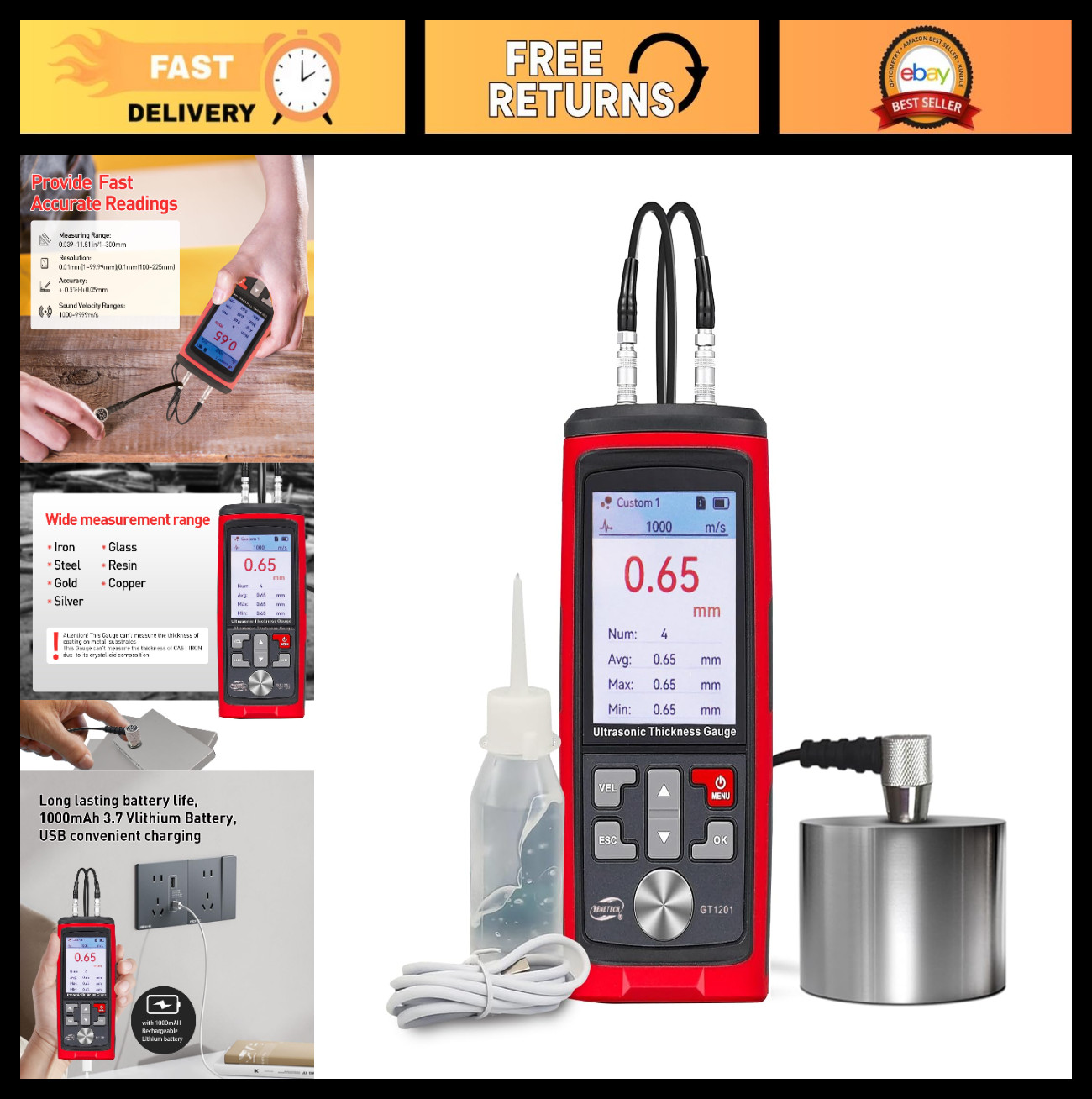 Ultrasonic Thickness Gauge Tool for Metal, Plastic, Glass & PVC – 1MM to 300MM R