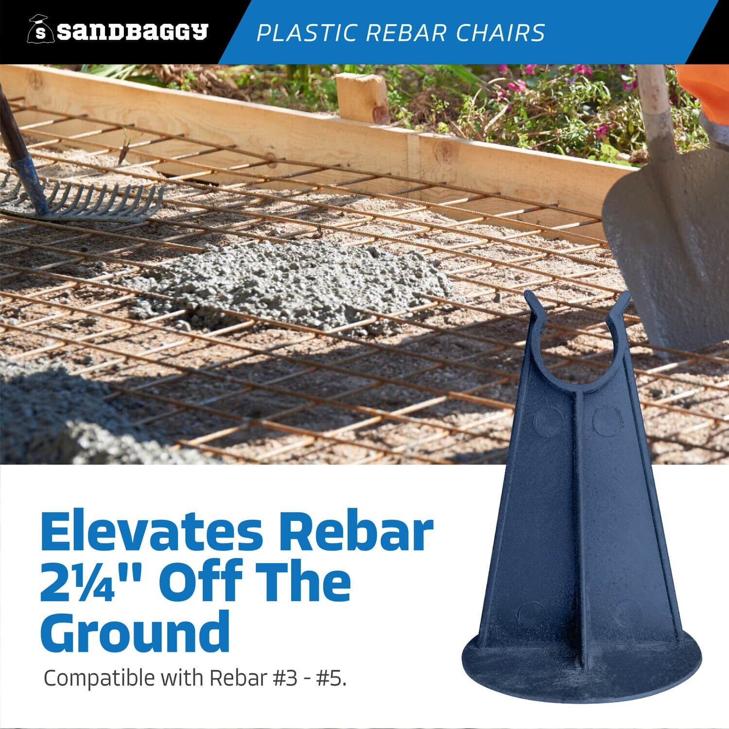 Sandbaggy 2-1/4 Inch Rebar Plastic Chair | Fits Rebar #3 to #5 | Heavy Duty
