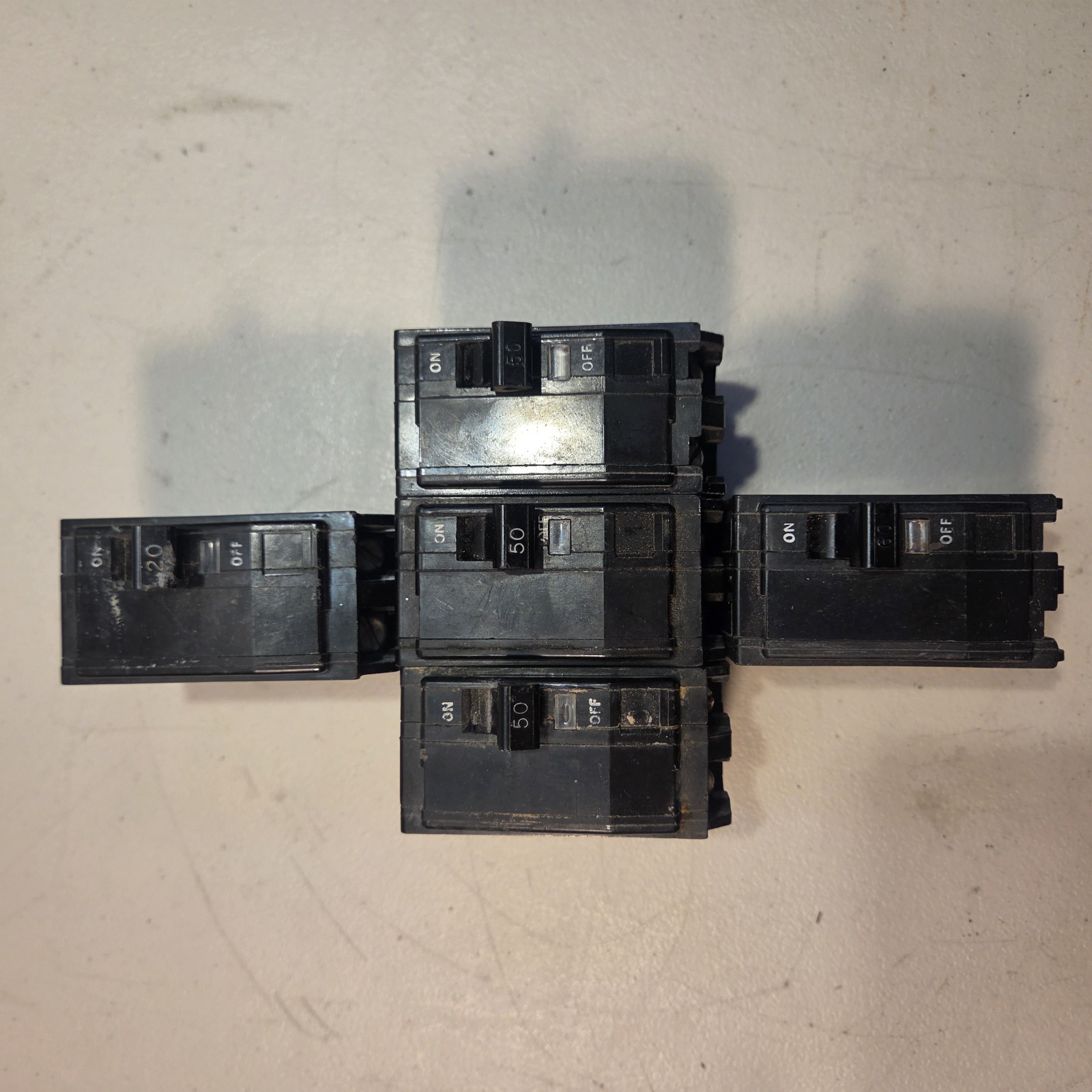 Lot of 5 Square D QO 2-Pole Circuit Breakers 20A 50A 60A Plug-In Pre-Owned