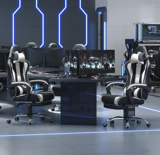 Silla gamer ergonómica con masaje lumbar, reposapiés y altura ajustable, Nuevo