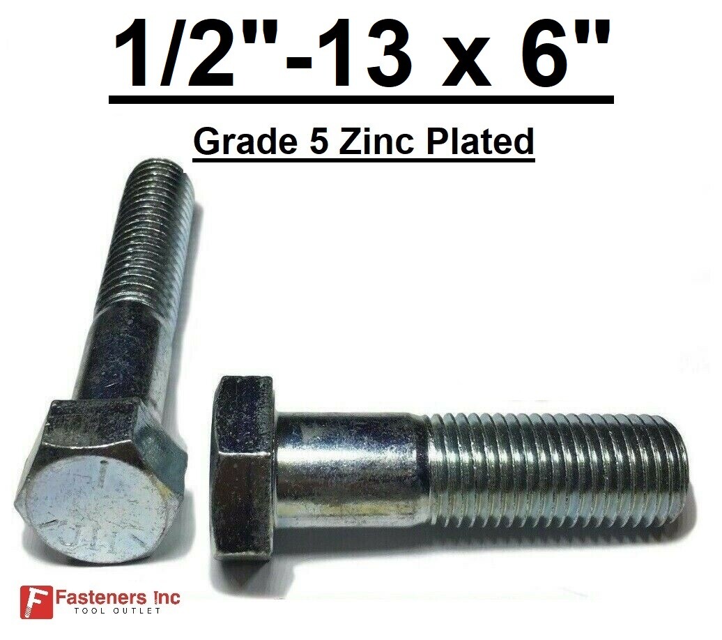 1/2-13 x 6″ Hex Bolt Zinc Plated Grade 5 Cap Screw Coarse Partial Thread