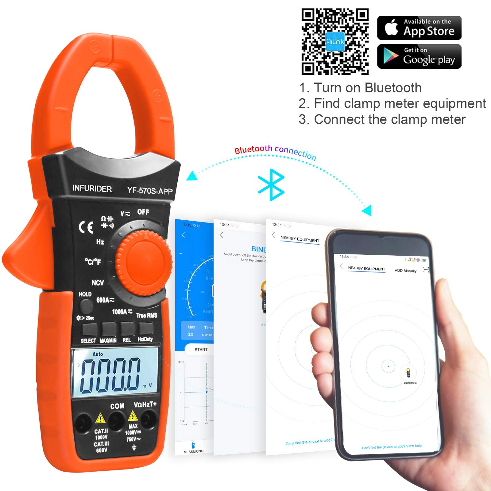 Digital AC/DC Volt Amp Clamp Meter,Wireless Bluetooth Auto Ranging 1000A Ammeter
