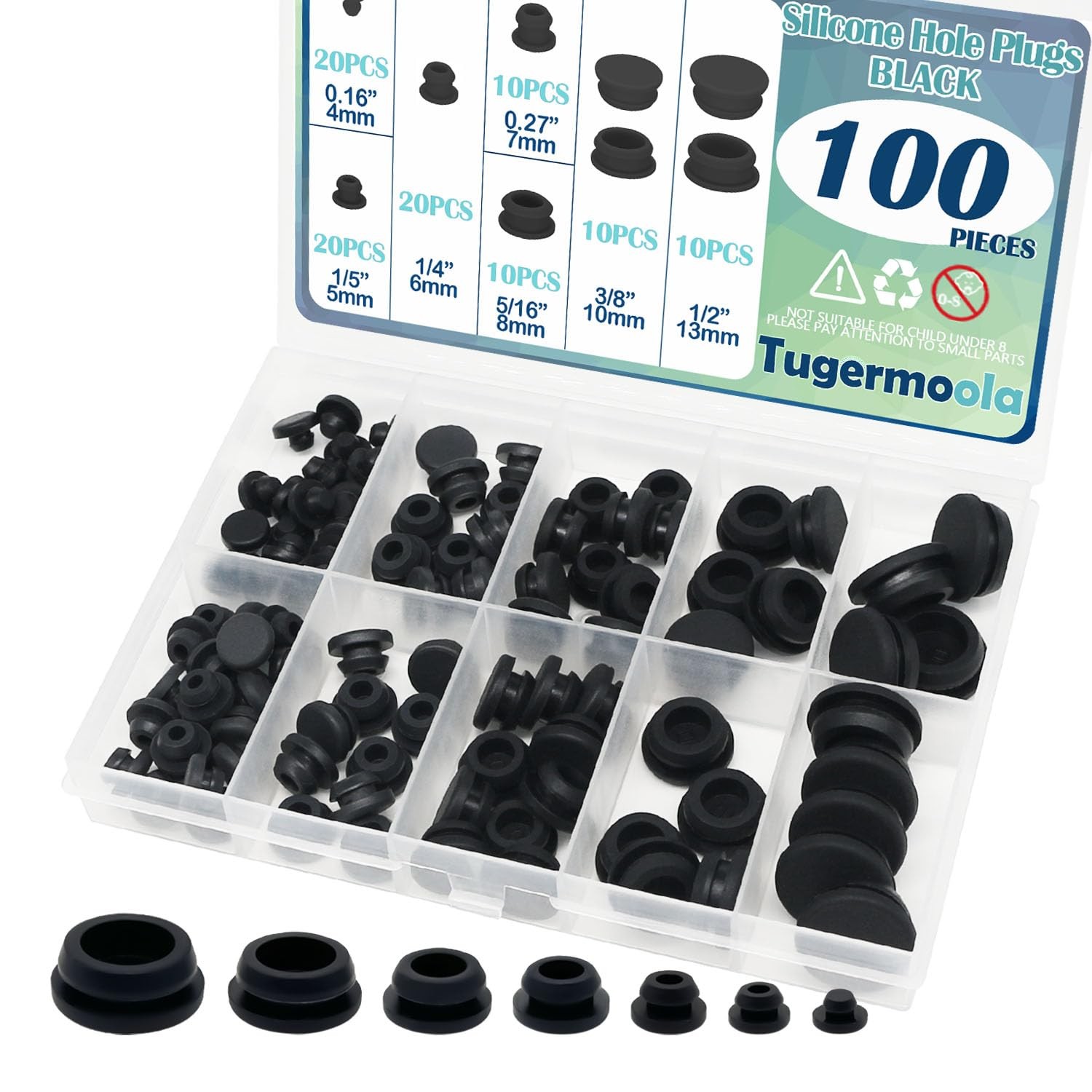 Tugermoola 100PCS 7 Sizes Small Rubber Hole Plugs KIT-7sizes, Black