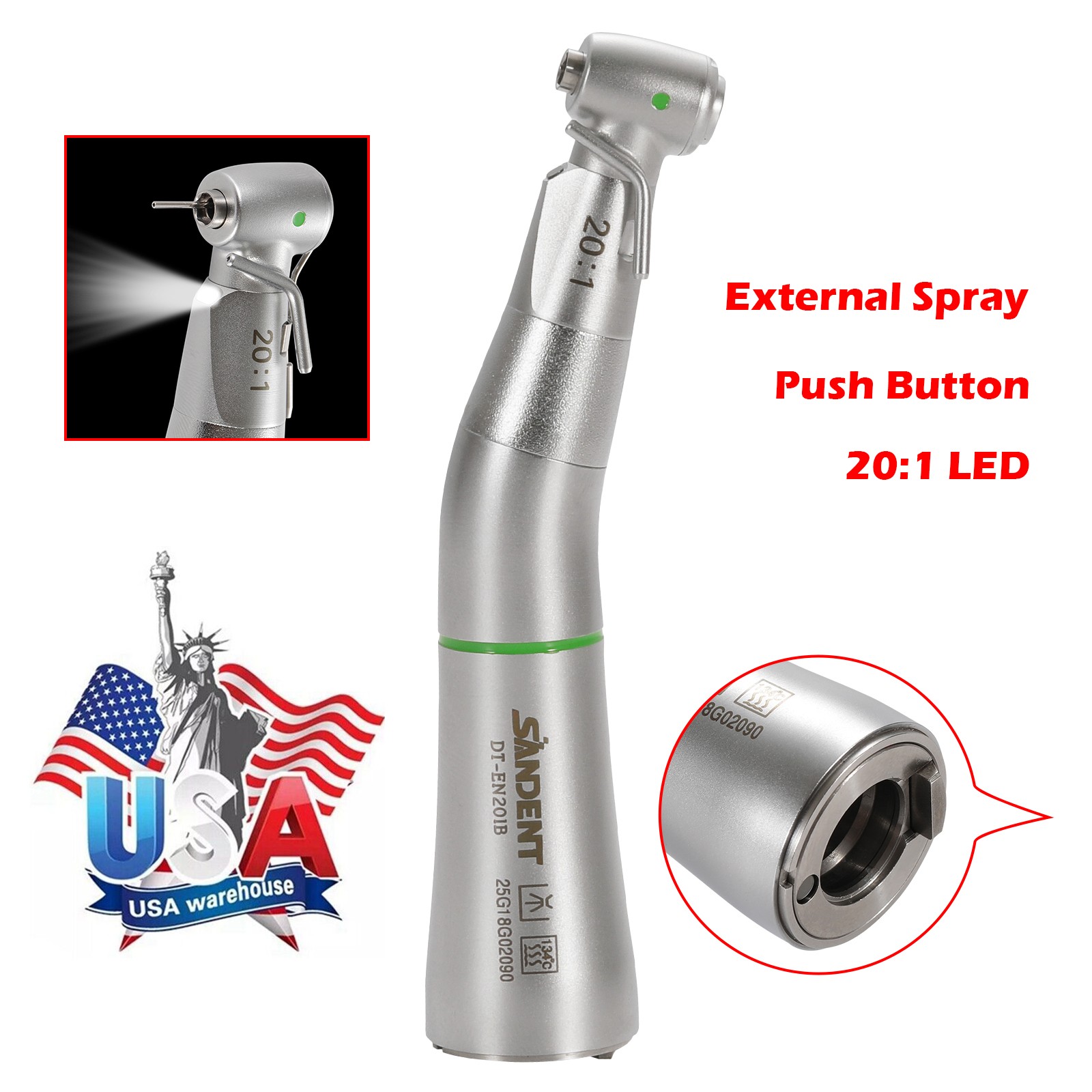LED SANDENT 20:1 Contra Angle Fiber Optic Electric Handpiece External Spray
