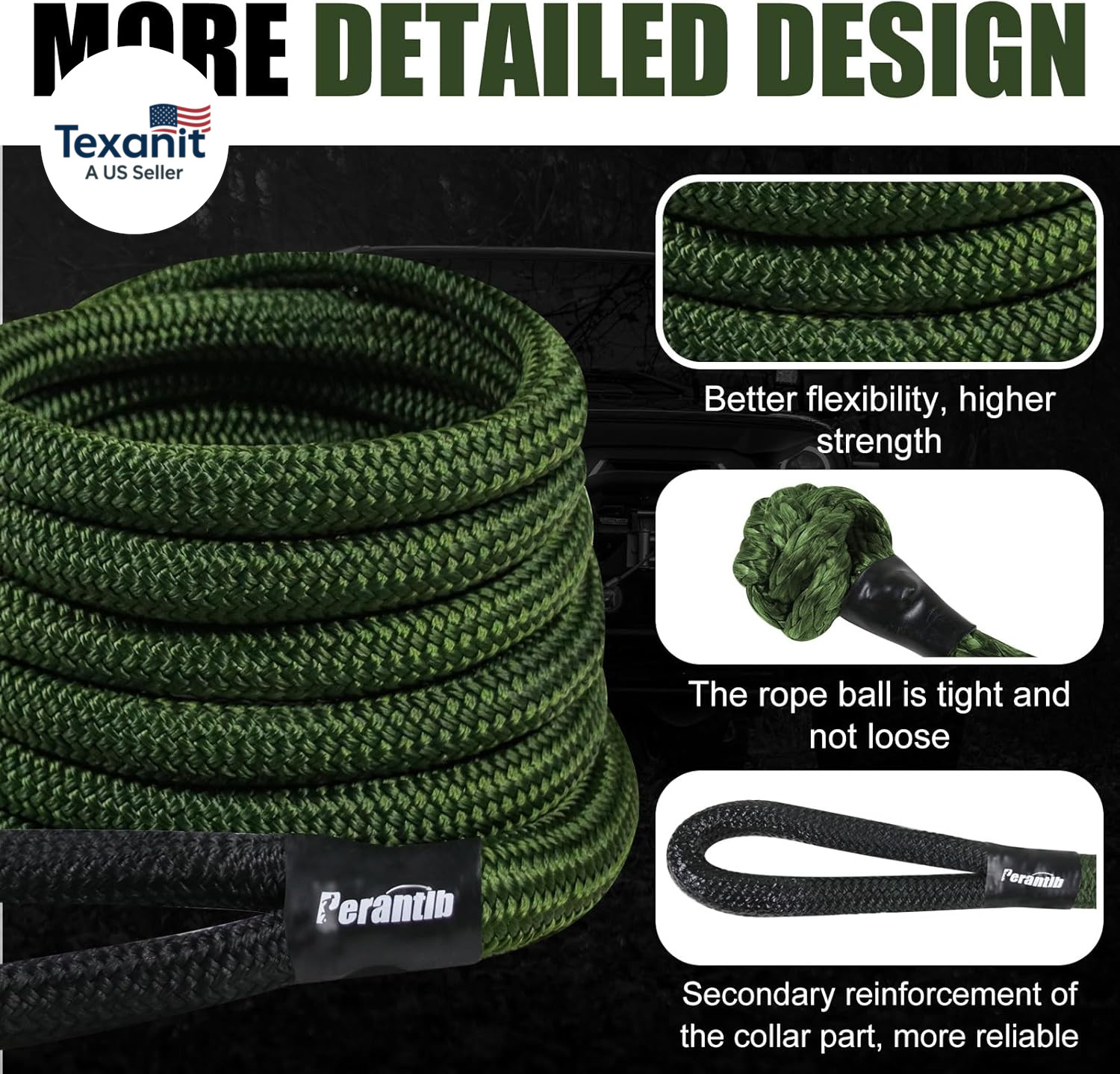 Kinetic Recovery Rope – 1″ X 20Ft (33000Lbs), Tow Rope with Soft Shackle and Glo