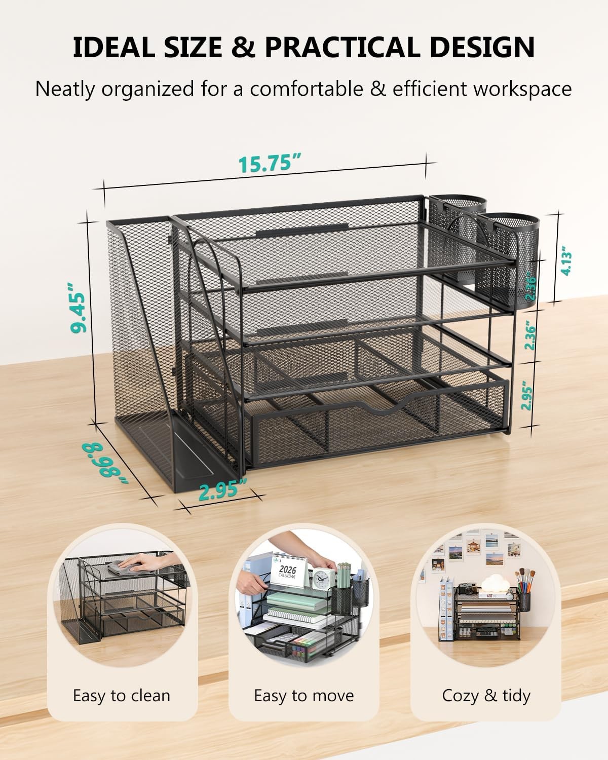 WALI 4-Tier Desk Organizer Black Metal Mesh with Drawer & Pen Holders