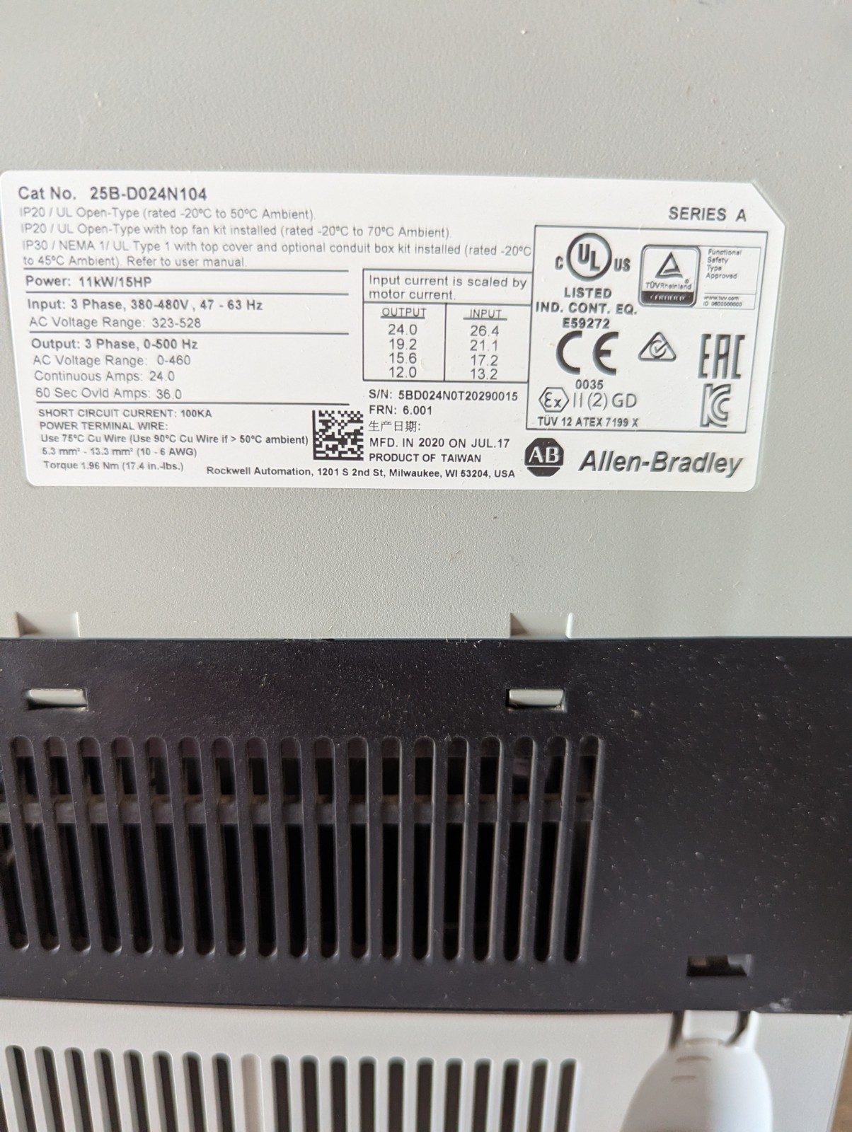 Allen-Bradley PowerFlex 525 VFD 25B-D024N104 380-480V 3-Phase 11kW IP20