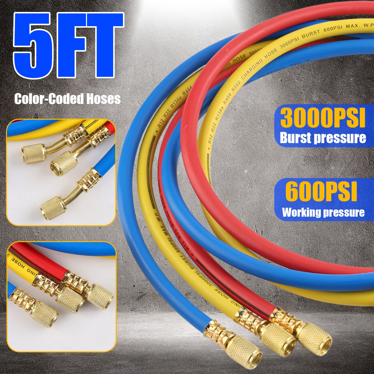 HVAC AC 3‑Way Manifold Gauge Set w/ 5ft Hoses R1234yf R404a R134a Refrigeration