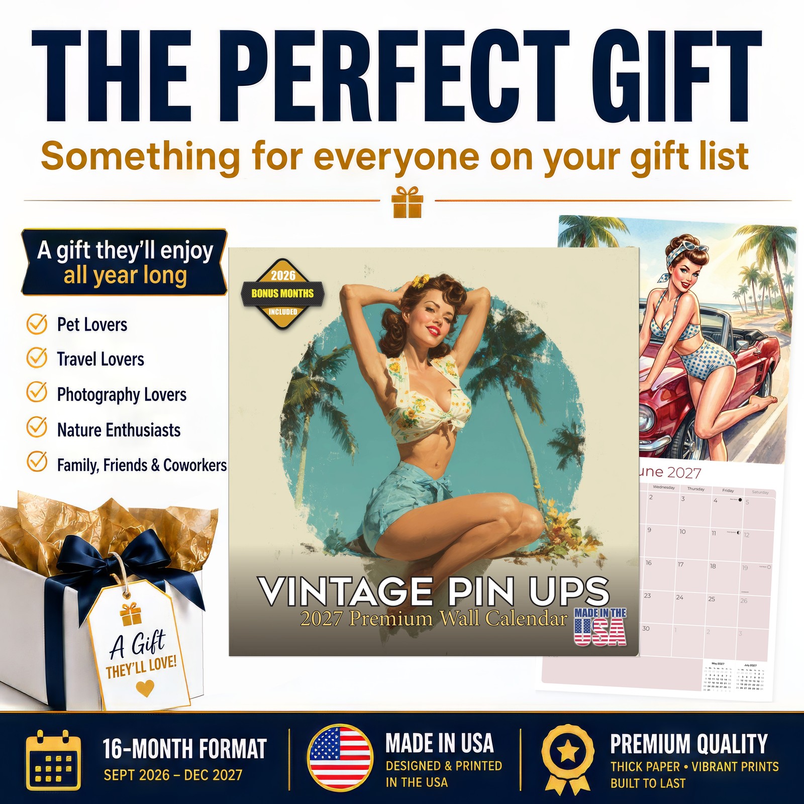 Vintage Pin Ups Wall Calendar 2026 FULL SIZE 12×24 Made in USA