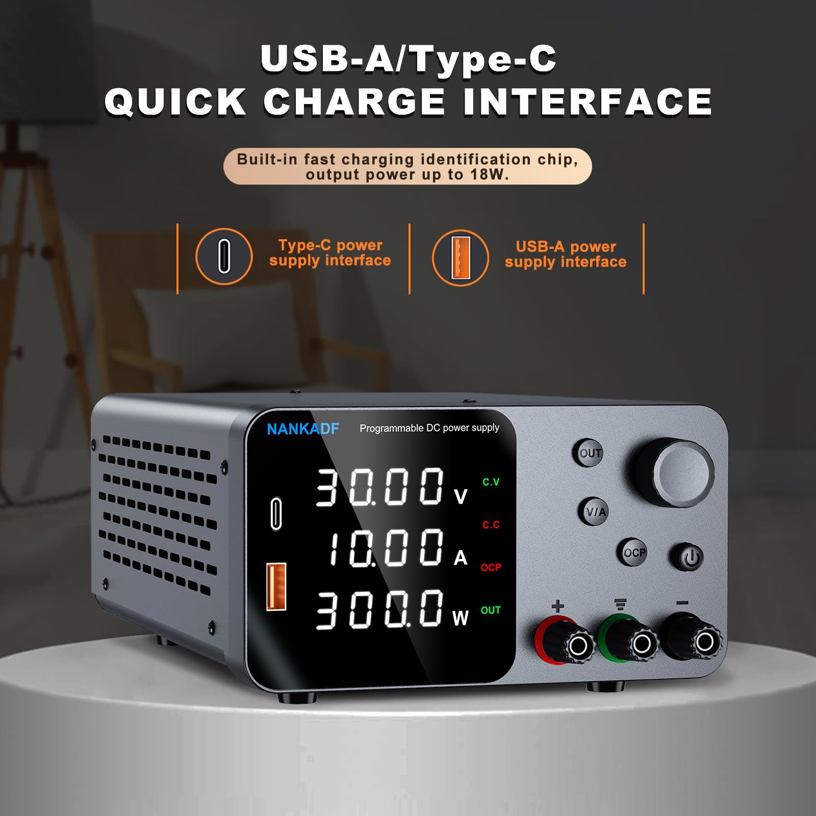 DC Power Supply 30V 10A Bench Encoder Adjustment 5V/3.6A USB Type-C