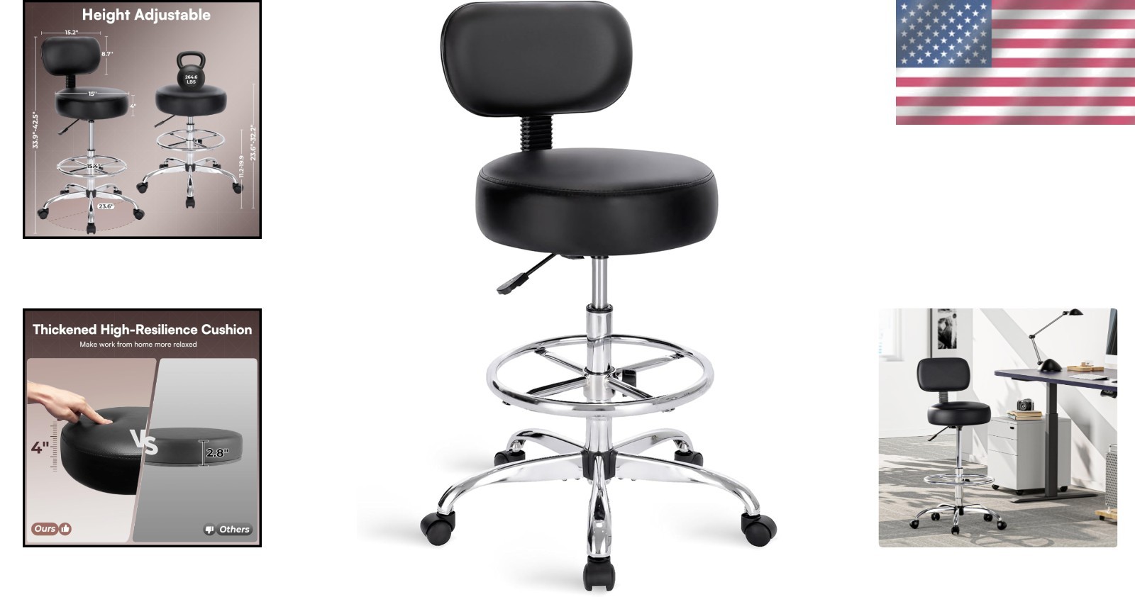Heavy-Duty Drafting Chair with PU Leather Seat, Adjustable Footrest for Comfort