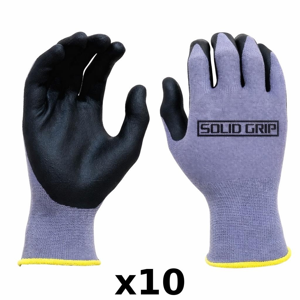 Solid Grip (10-PACK) Gray PROTECTIVE Work Gloves Micro Foam Nitrile Grip Coated