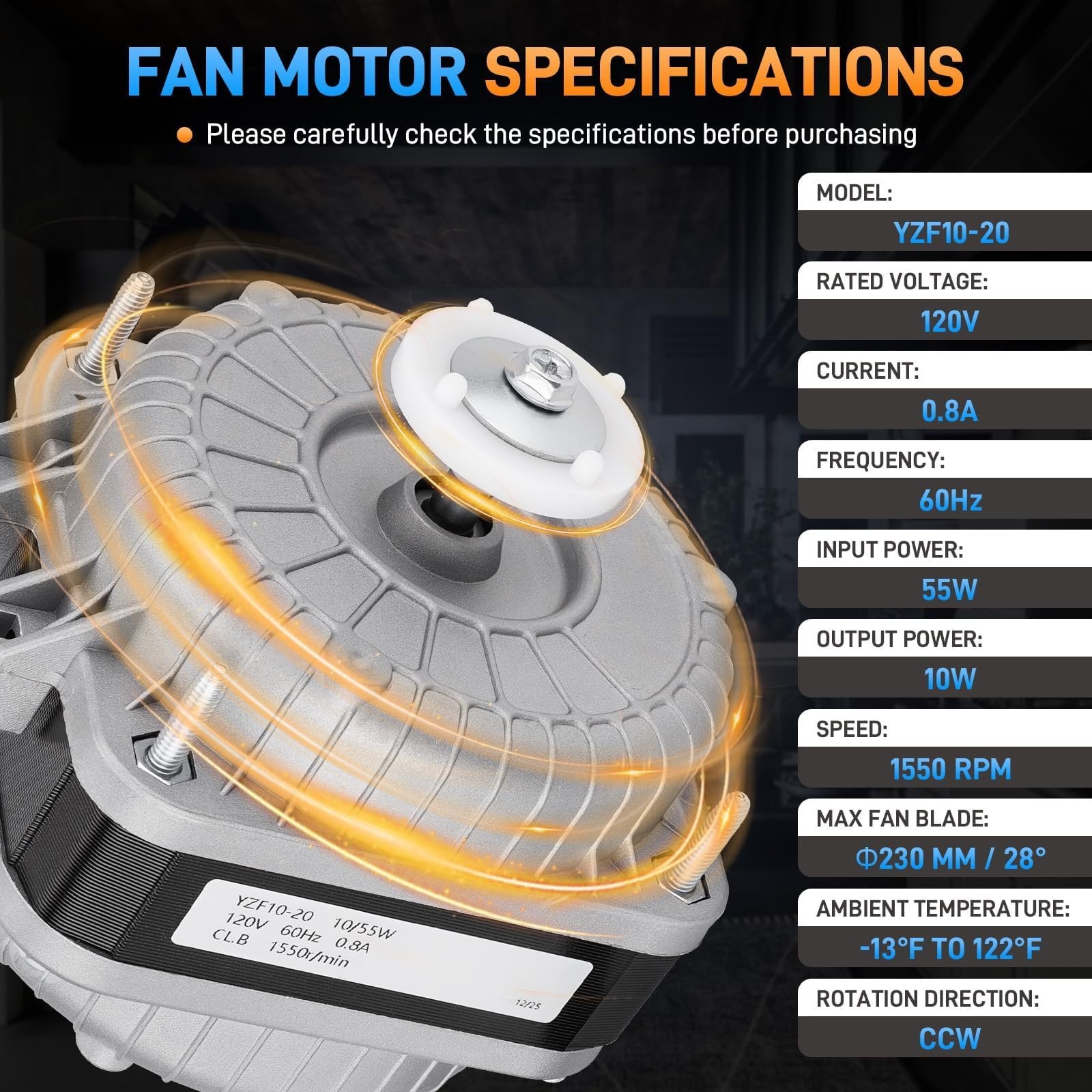 YZF10-20 Shaded Pole Condenser Fan Motor AC For Atosa Avantco 120V 60HZ 1550rpm