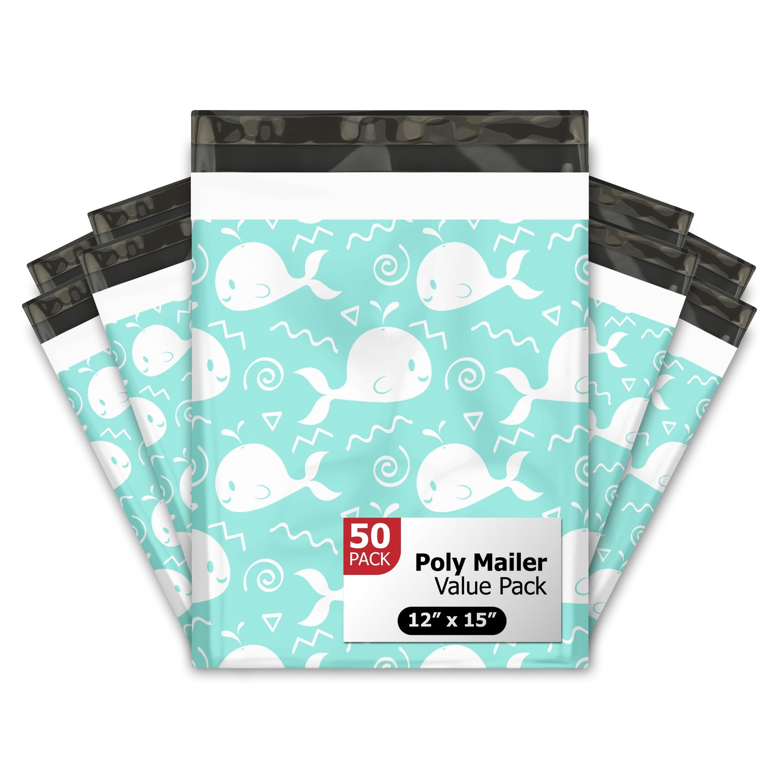 12×15 (50) Blue Whales Designer Poly Mailers Waterproof Self Sealing Tear Res…