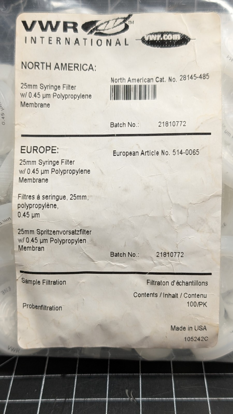 VWR Syringe Filter 25mm 0.45 μm Polypropylene Membrane 514-0065 / 28145-485