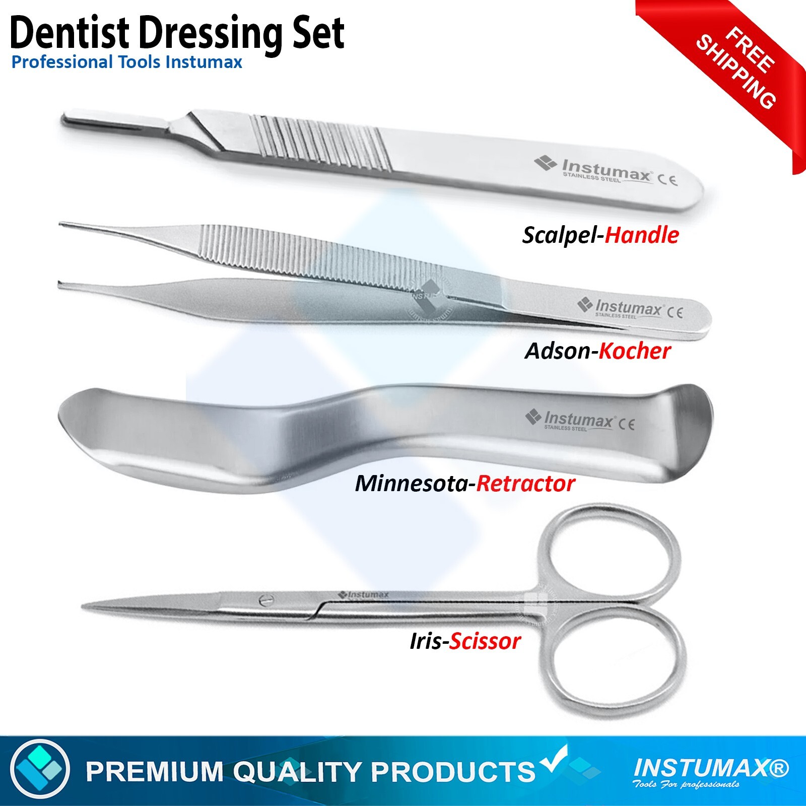 “Dental Dressing Set 4 Pc Scissor, Retractor, Scalpel & Tweezers”