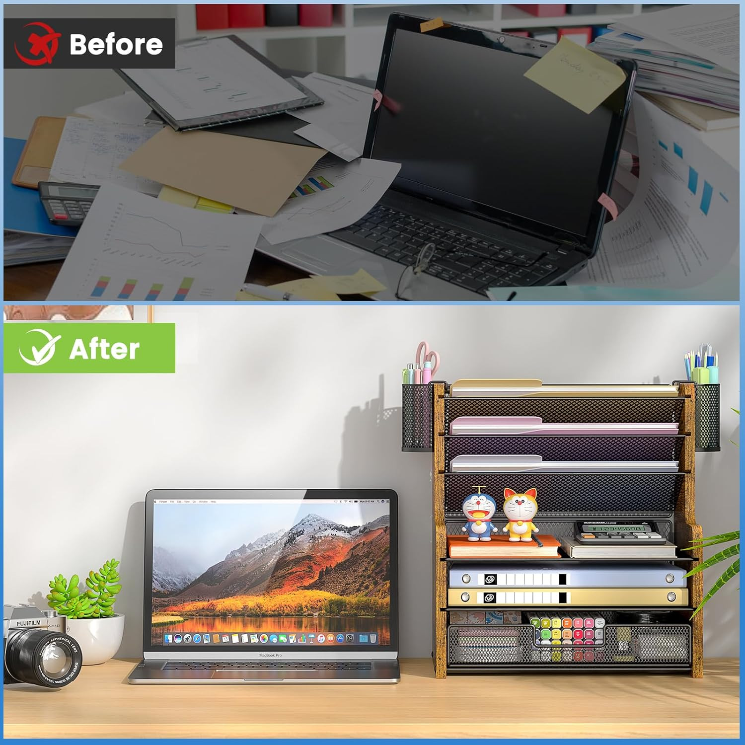 6-Tier Mesh Desk Organizer with Drawer, Wooden Office Organizer for Papers, Fold