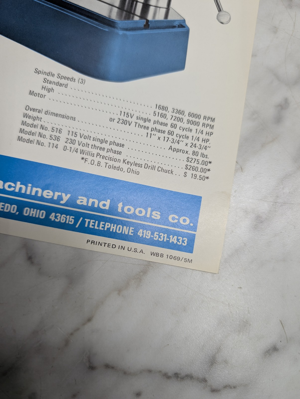 WILLIS BLUEBIRD HIGH SPEED PRECISION DRILL PRESS SPECIFICATIONS MODEL NO 516 536