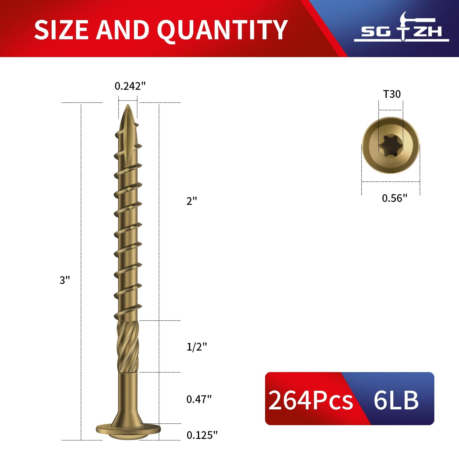 #14×3 Inch Bronze Carbon Steel Washer Head Structural Lag Screws T30 264 PCS