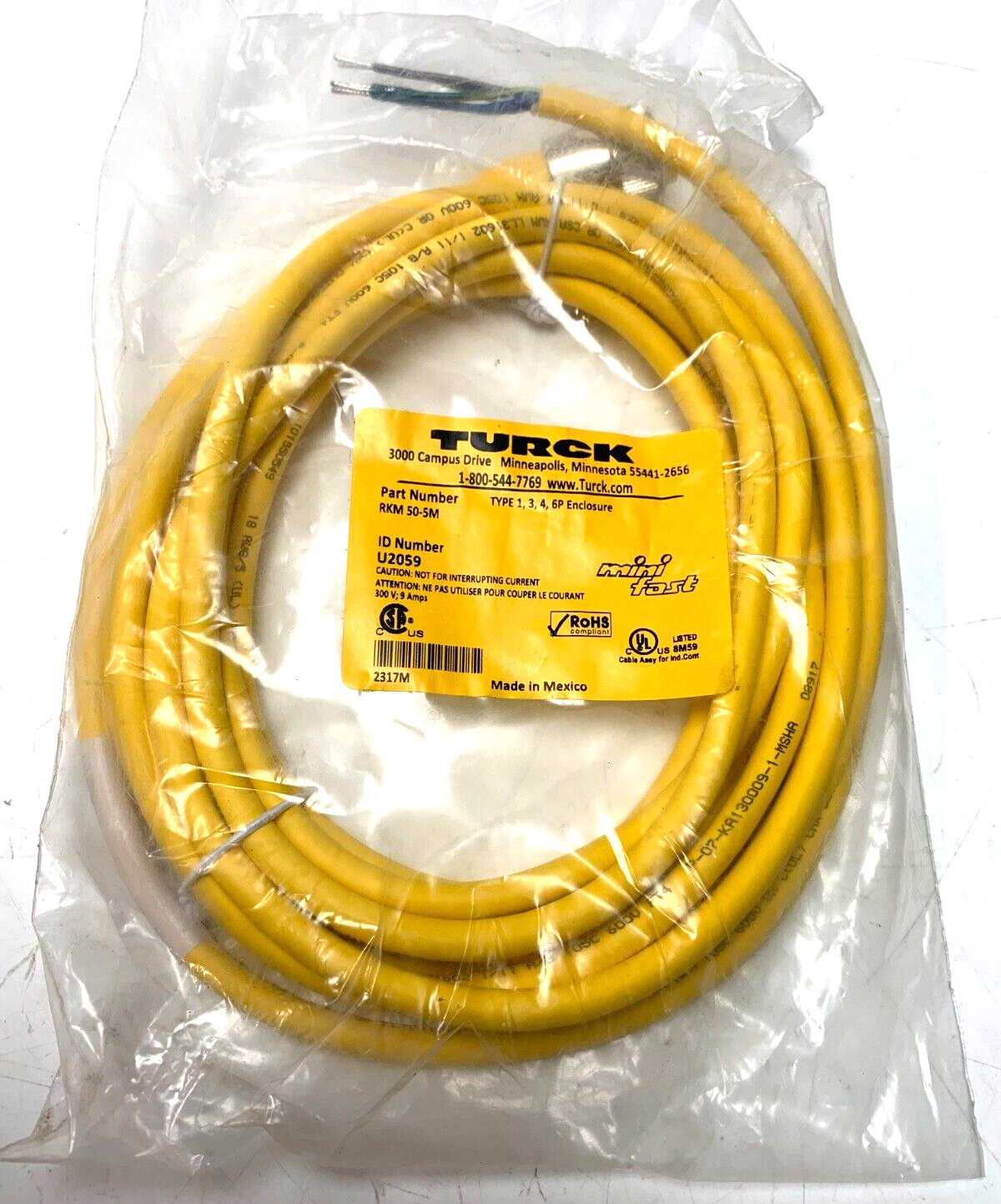TURCK, RKM 50-5M, Single Ended Cordset, 7/8 inch Female to Pigtail, 5M U2059 NEW