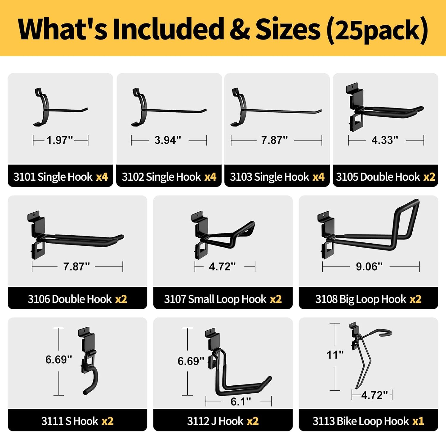 Heavy-Duty Slatwall Hooks 25 Pack (10 Types) Metal Garage Slat Wall Hook Kit