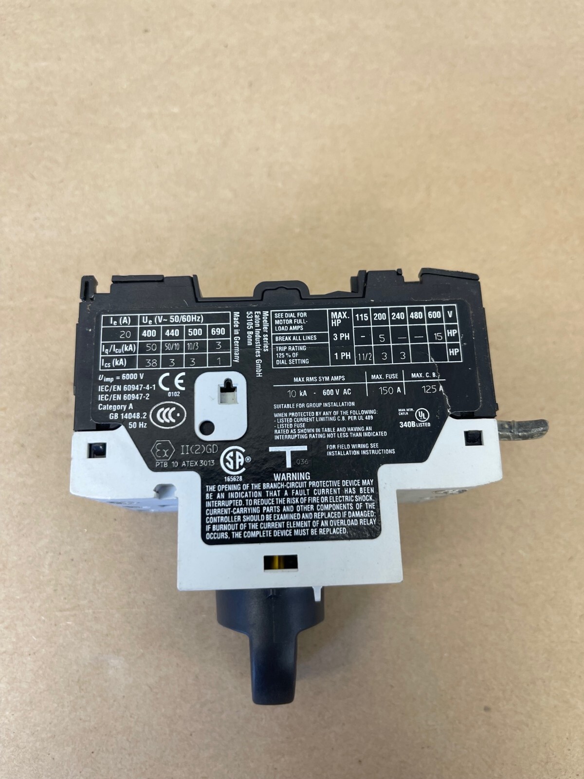 Eaton PKZM0-20 Manual Motor Starter, 50/60Hz, 600VAC, 20A – PARTS ONLY