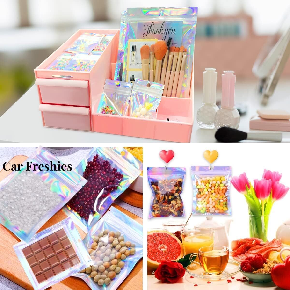 100-400 Smell Proof Mylar Bags Holographic Resealable Food Ziplock Foil Pouches
