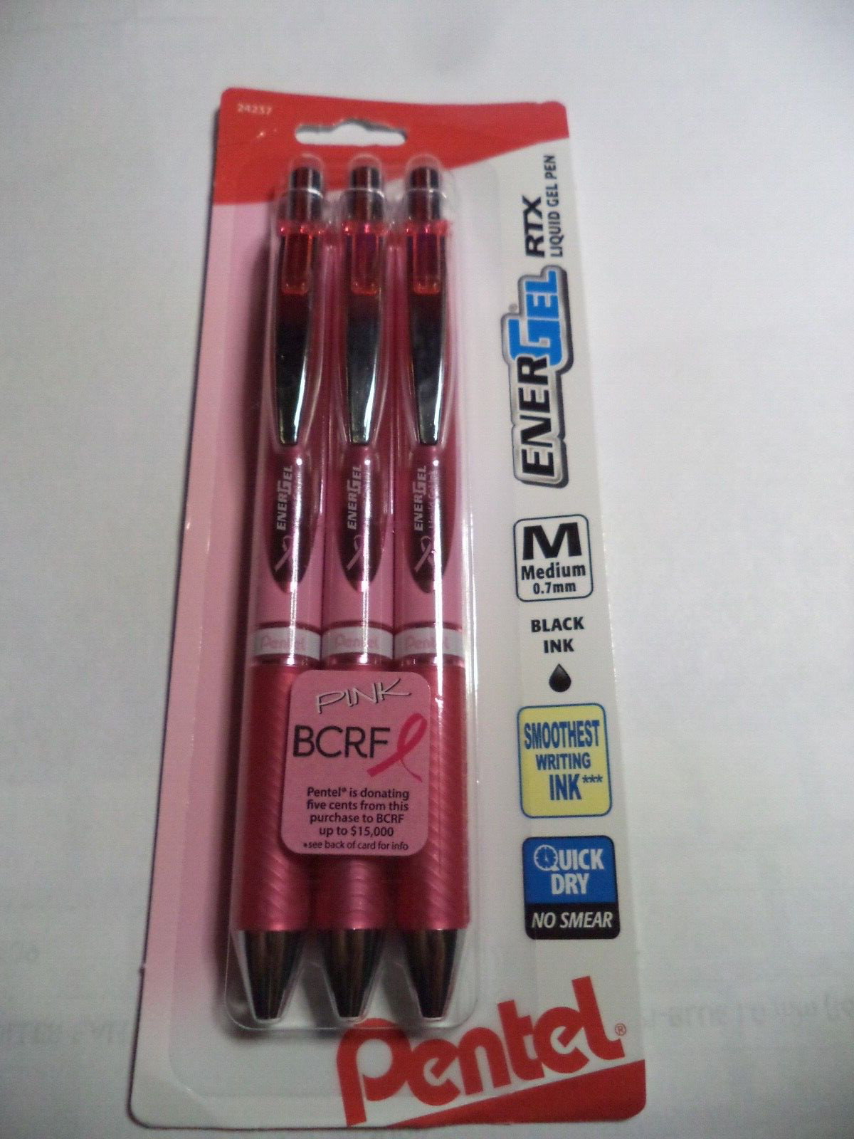 3 Pentel EnerGel RTX Gel Pens MEDIUM .7mm BLACK Ink LIQUID BCRF PEN CANCER PINK