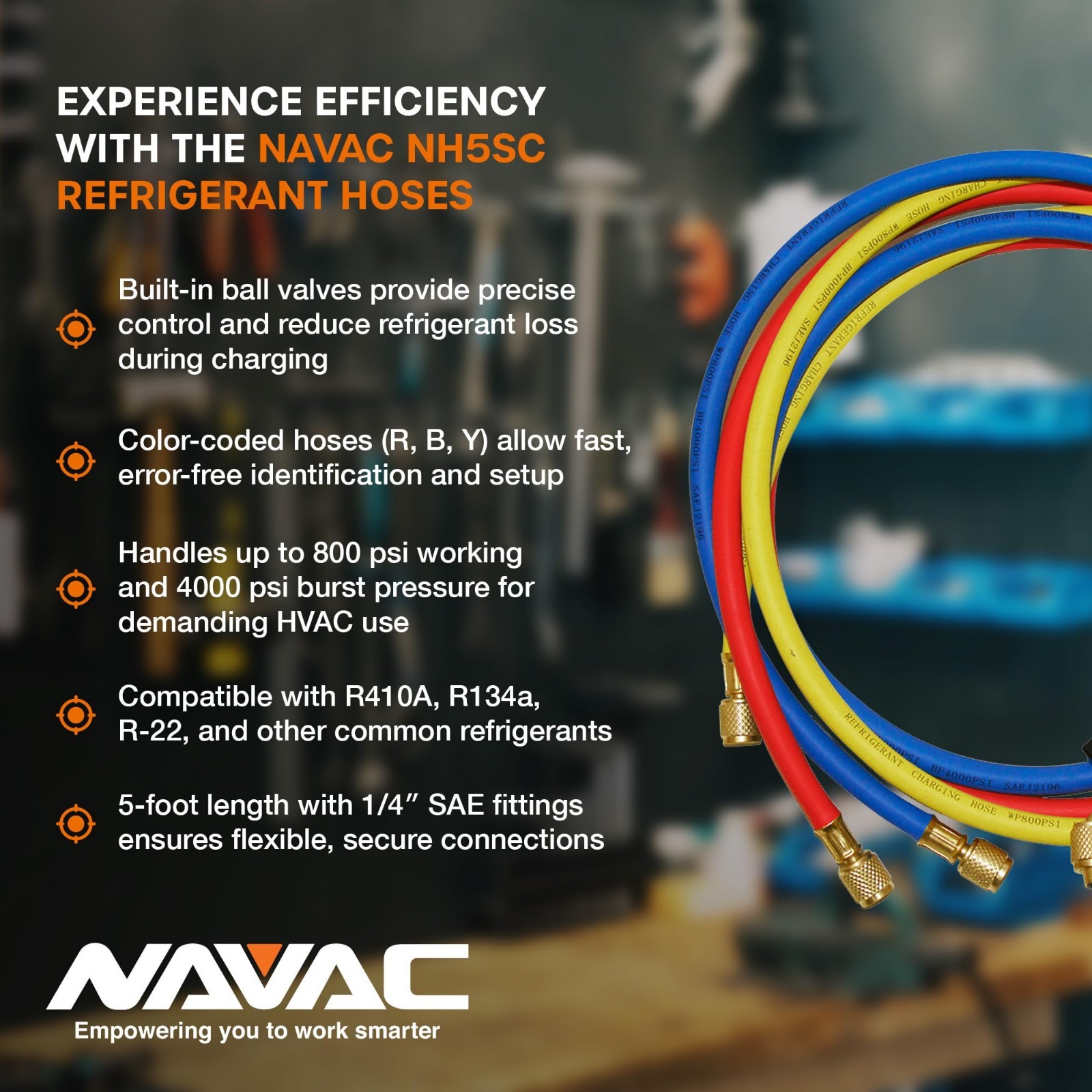 HVAC Charging Hoses 1/4″ with Ball Valve | 5ft Refrigerant Hose Kit for R410A, R