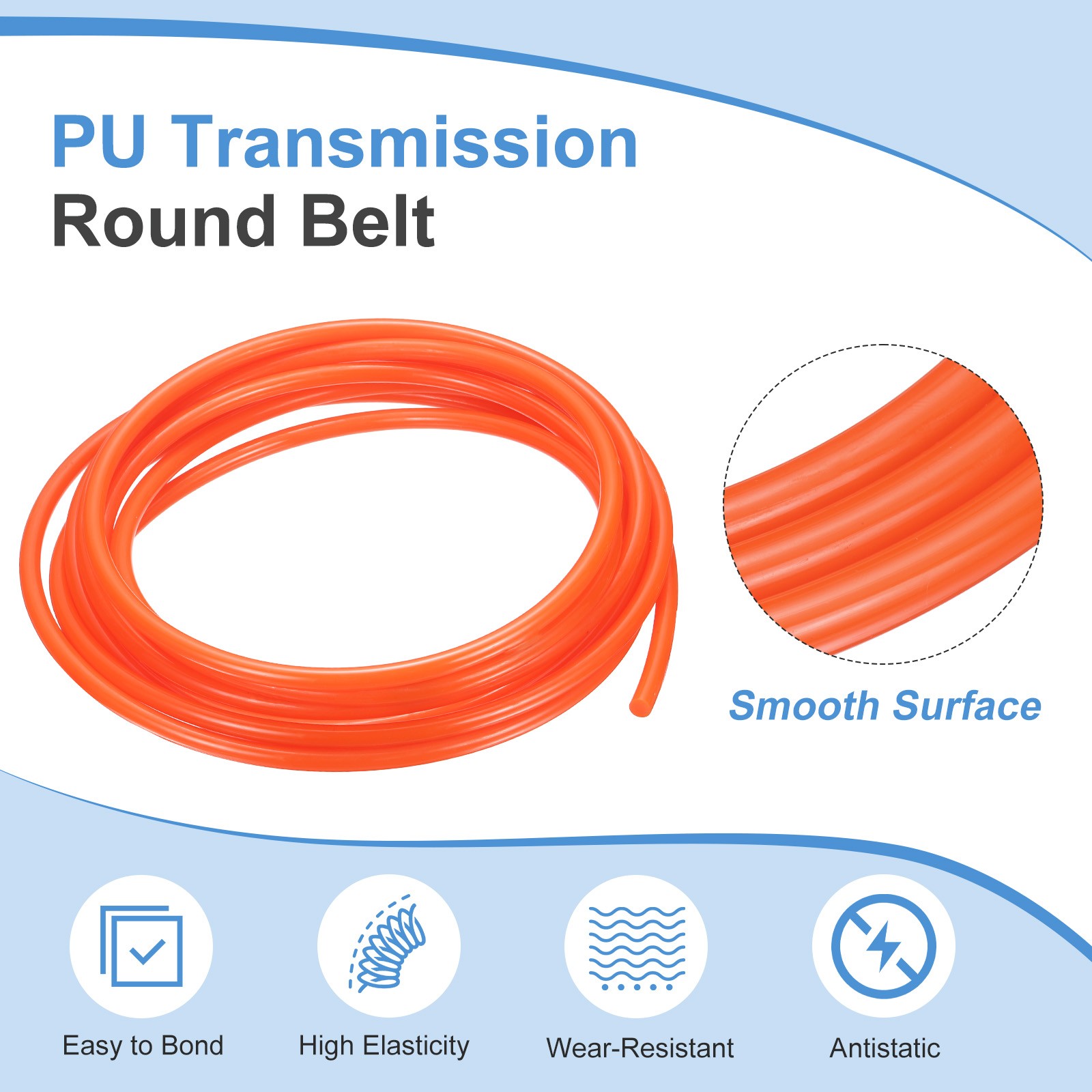 PU Transmission Belt, 8mm Dia 10ft (3 Meters) Length (Smooth Surface, Orange)