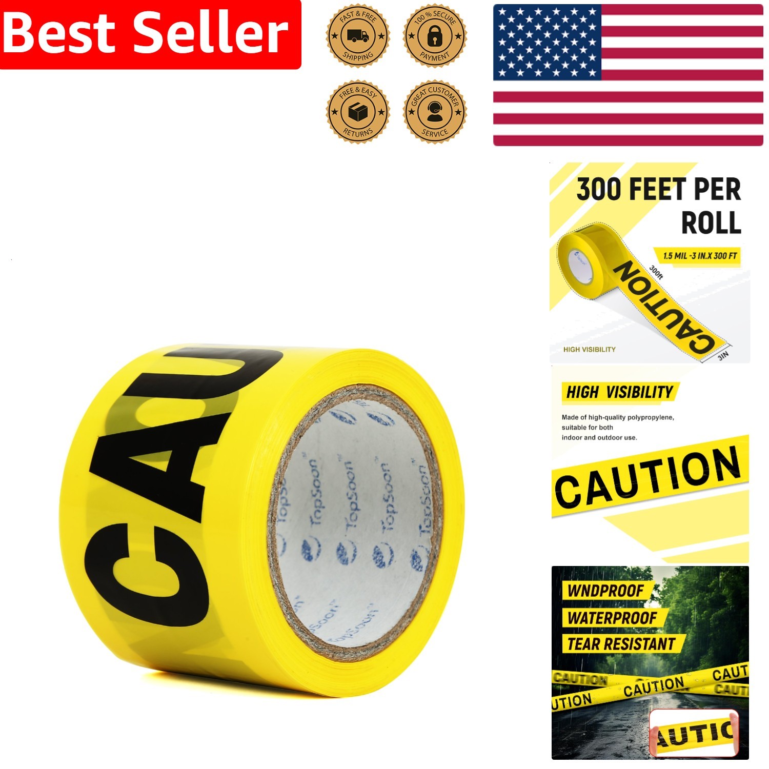 Yellow Caution Tape 3-Inch 300ft Roll Non-Adhesive Highly Visible Safety Barrier
