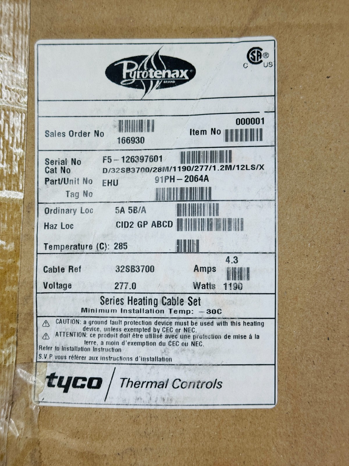 Pyrotenax D/32SB3700/28M/1190/277/1.2M/12LS/X Heating Cable 1190 Watts 277 Volts
