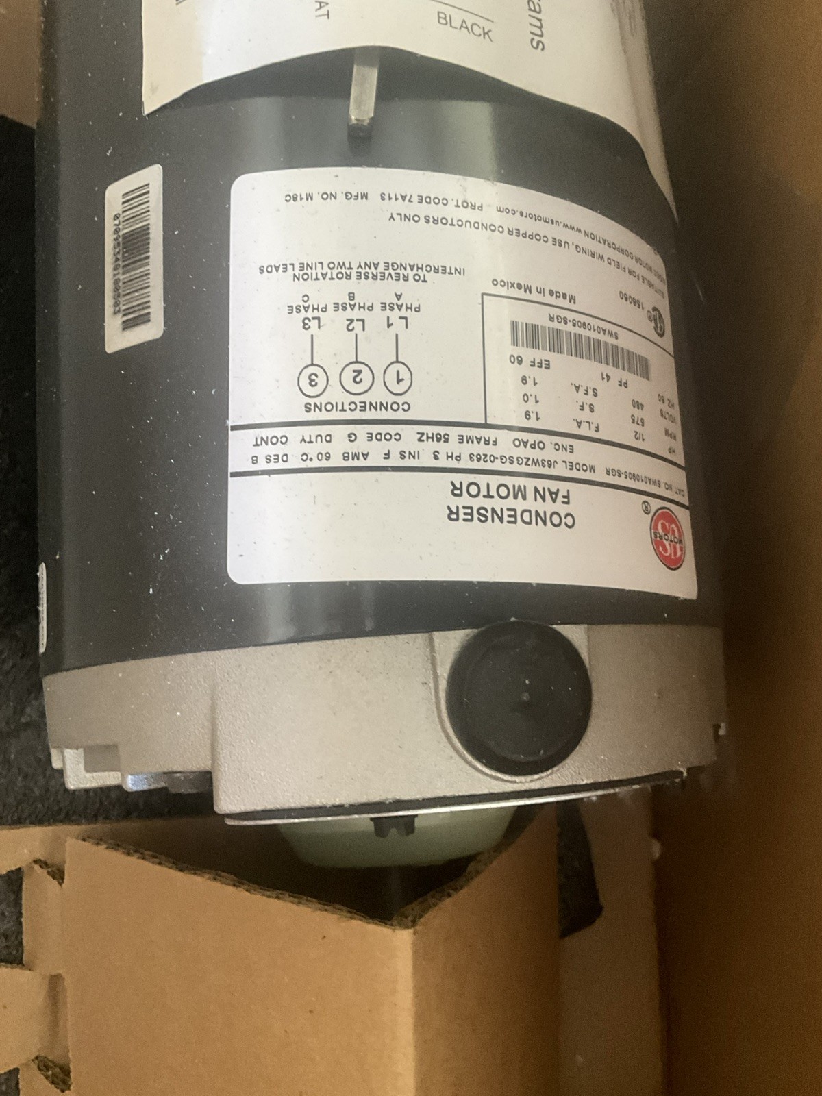 US MOTORS CONDENSER FAN MOTOR SWA010905-SGR 1/2HP 575RPM 1.9A 480V 3PH 1 Y W