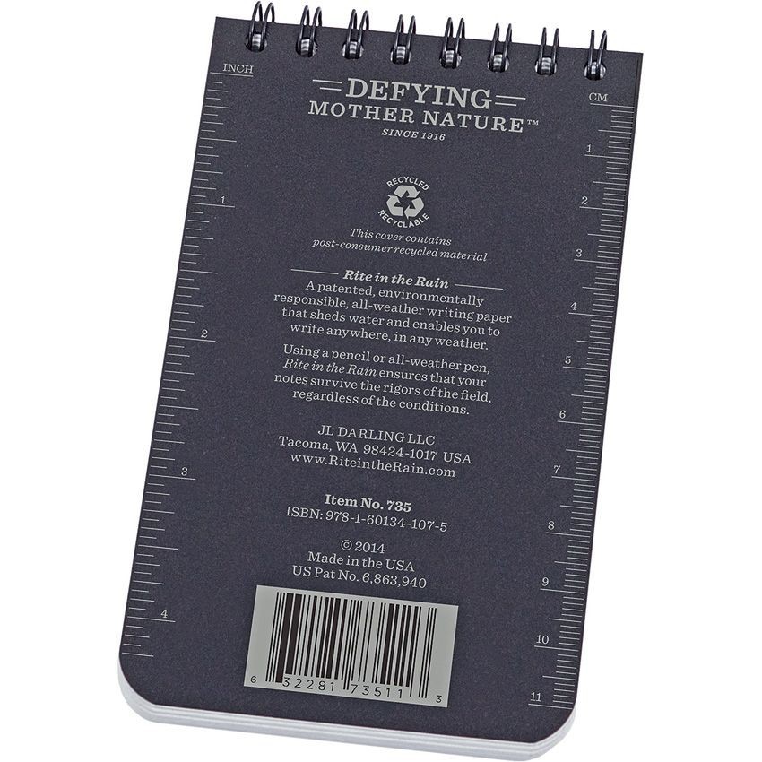 Rite In the Rain Top Spiral Black Notebook 3×5 For Weatherproof Writing USA MADE