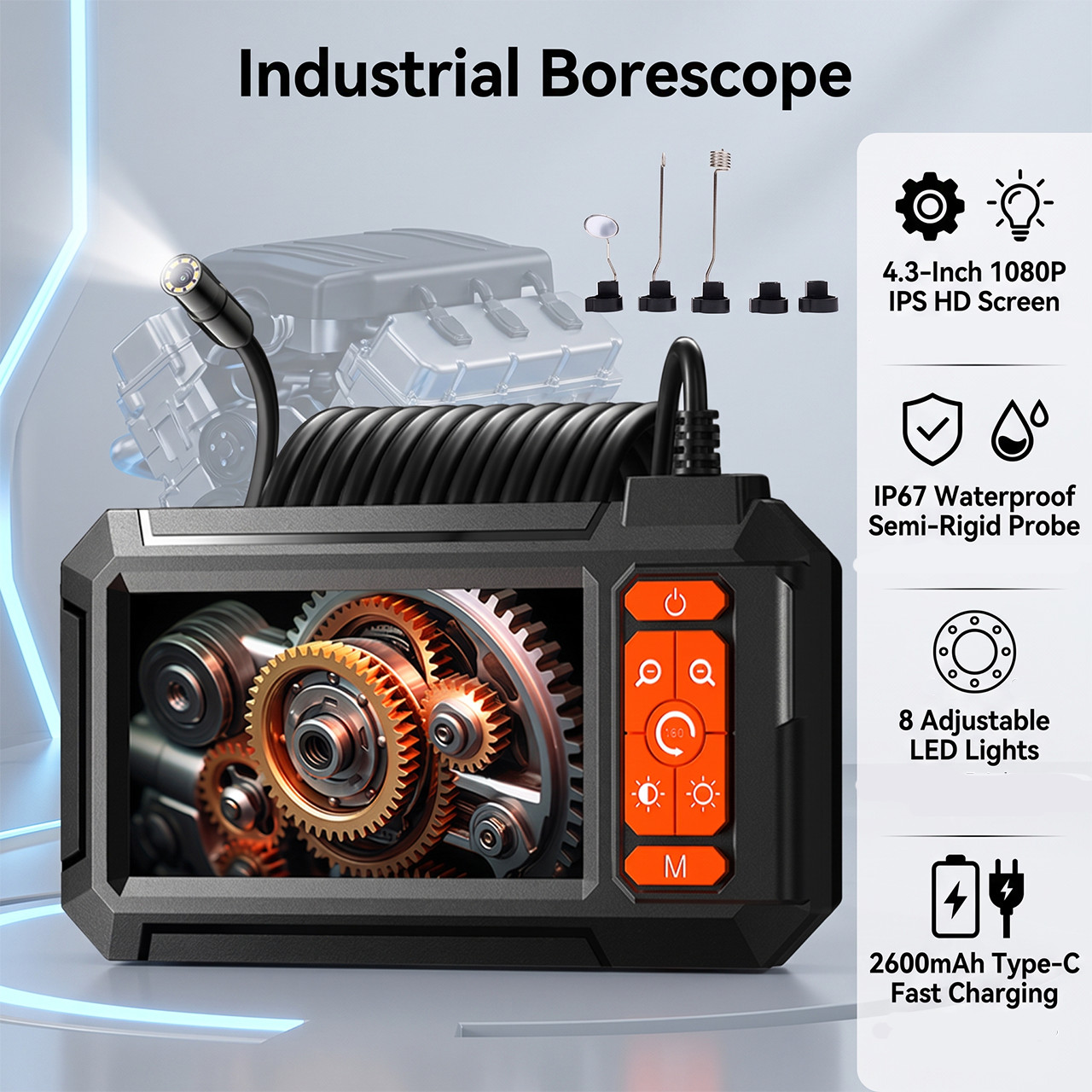 Industrial Borescope Inspection Camera IP67 Waterproof Endoscope 4.3» 1080P