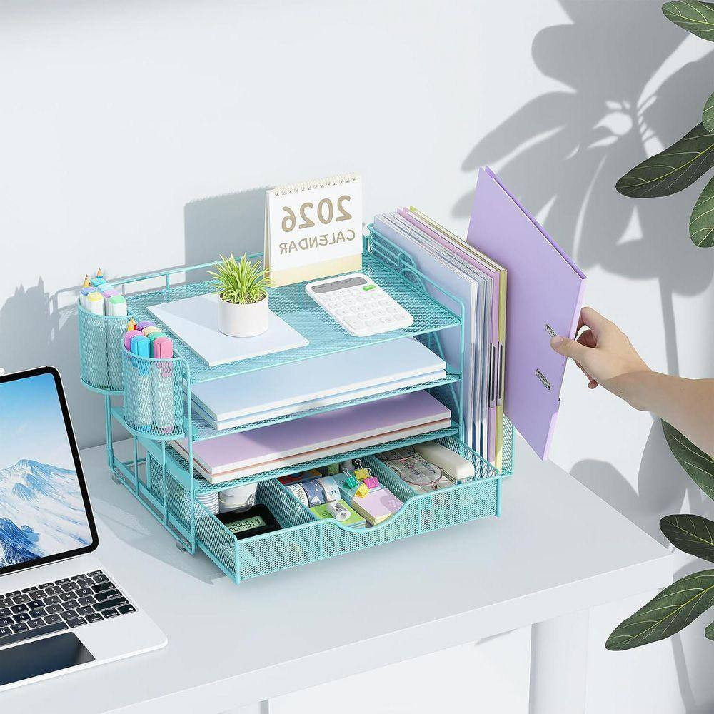 Blue 15.5 In. X 9.2 In. Metal Modern Desk File Holder with Drawer and 2 Pen Hold