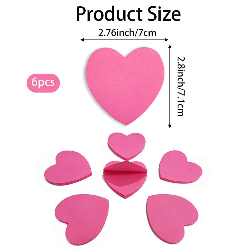 6 Pcs Pink Sticky Notes, Heart Shaped Pink Post It Notes -Stick, Cute Heart S…